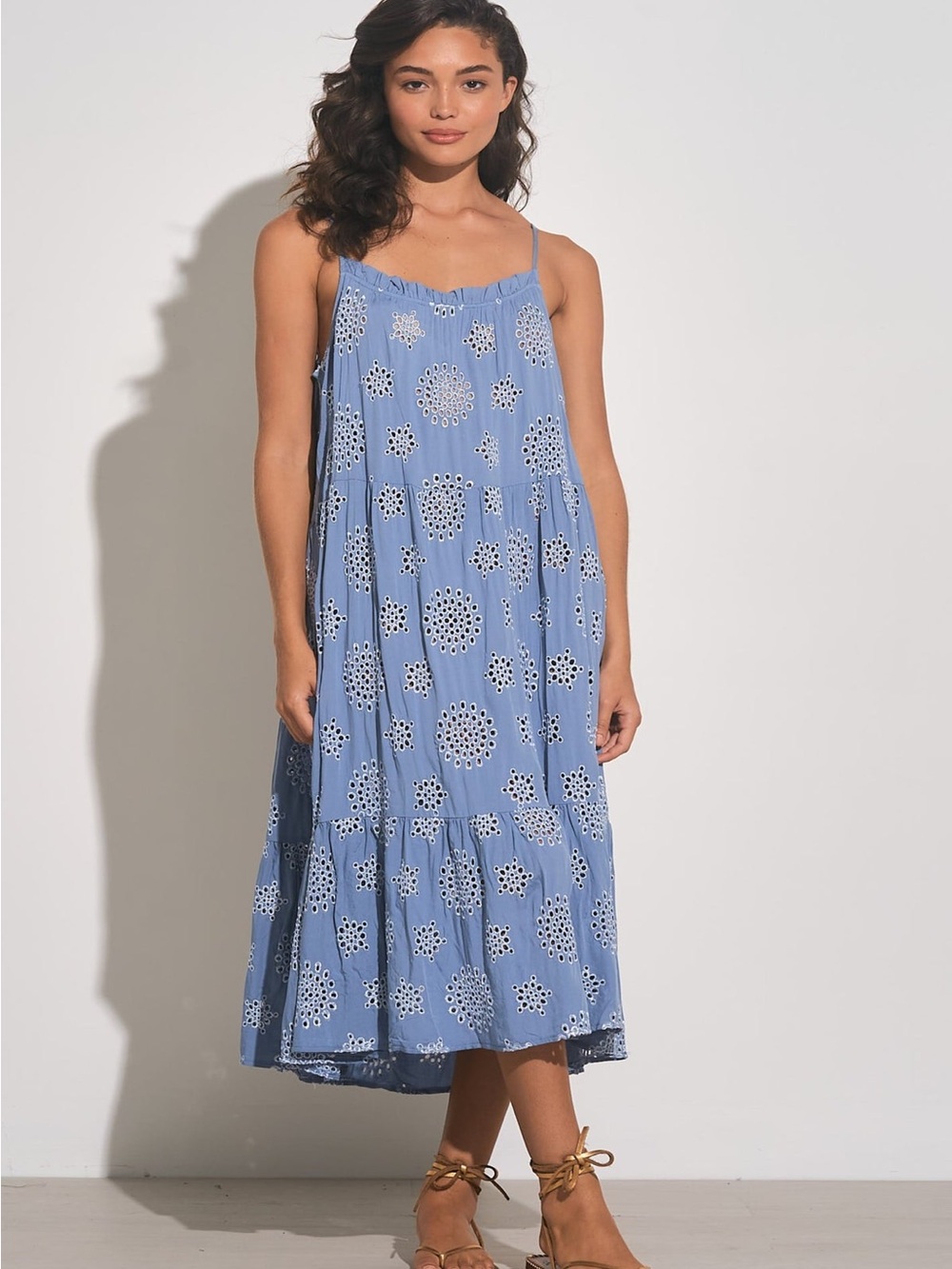 Elan Blue Eyelet Tiered Midi Sundress